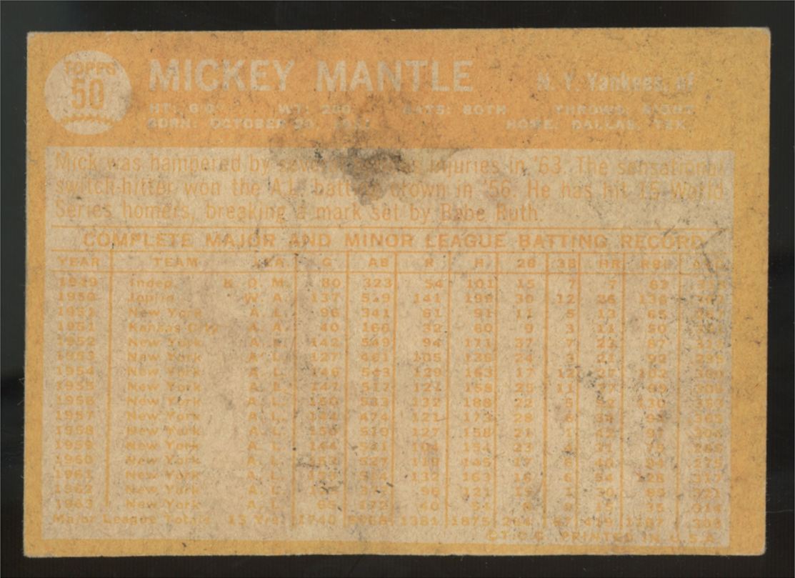 1964 Topps Mickey Mantle #50 Poor