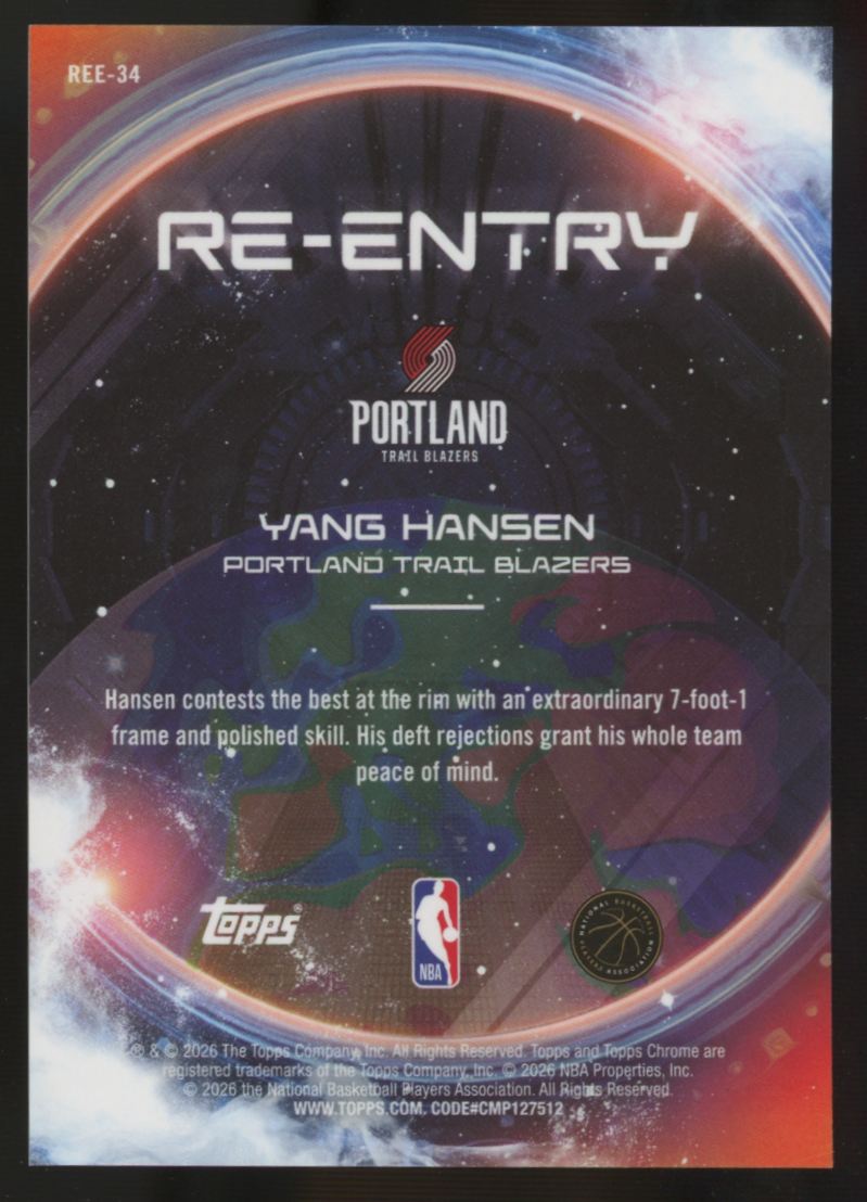 2025-26 Topps Chrome Cosmic Yang Hansen RC ReEntry Orange Galactic Refractor /25