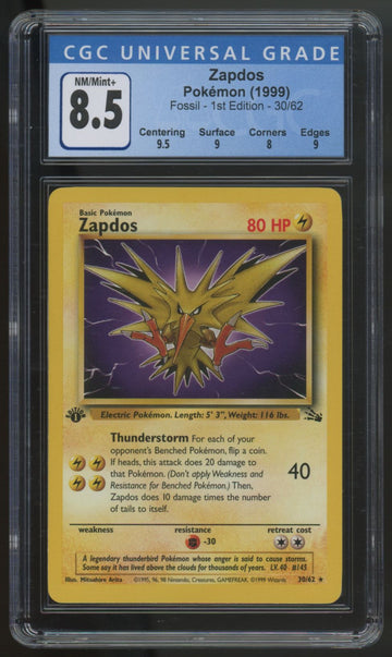1999 Pokemon Zapdos Fossil 1st Edition Holo #30 CGC 8.5