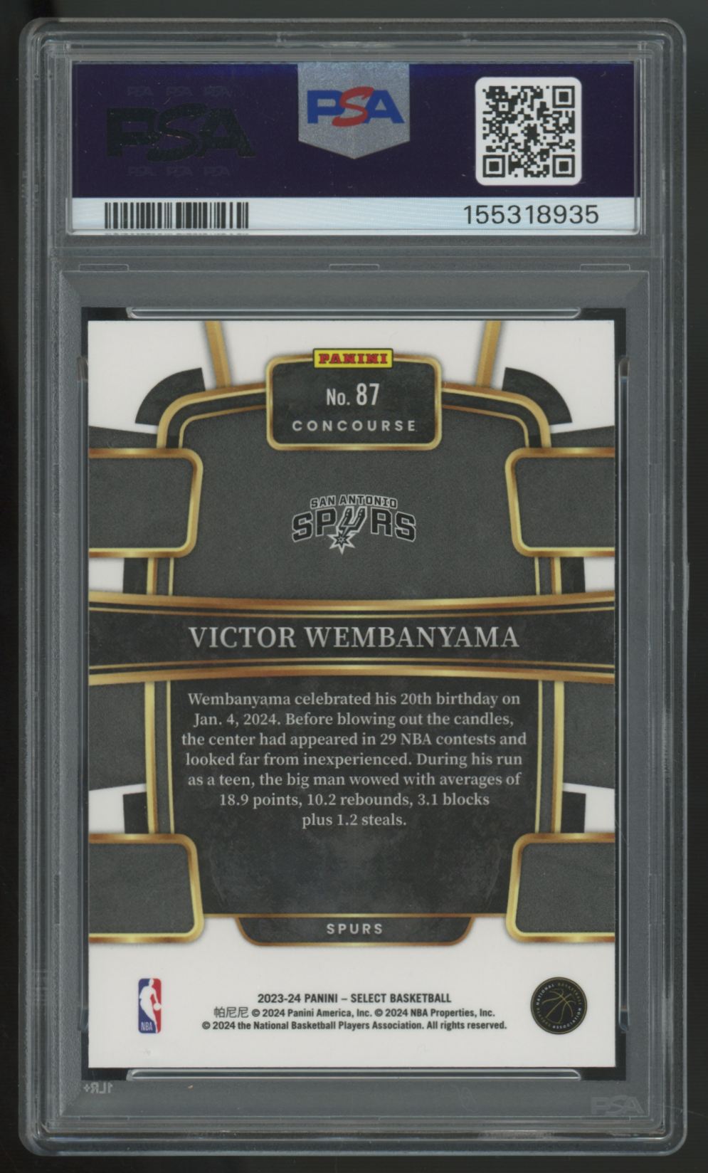 2023-24 Panini Select Victor Wembanyama RC Concourse Blue #87 PSA 9