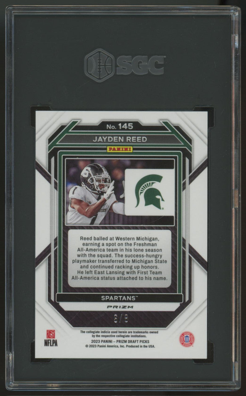 2023 Prizm Draft Jayden Reed RC Green Shimmer Prizm /8 #145 SGC 9.5