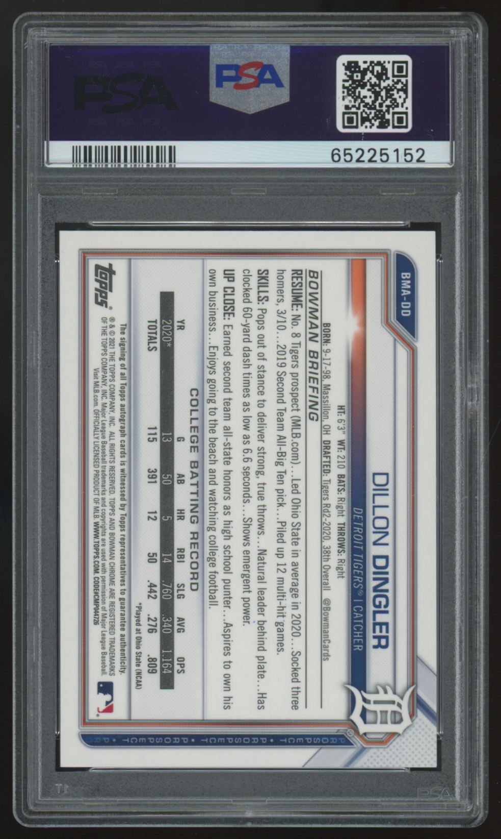 2021 Bowman Mega Dillon Dingler Chrome Prospect Auto #BMA-DD PSA 9
