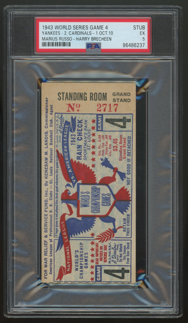 1943 World Series Game 4 Ticket Stub Yankees Cardinals PSA 5
