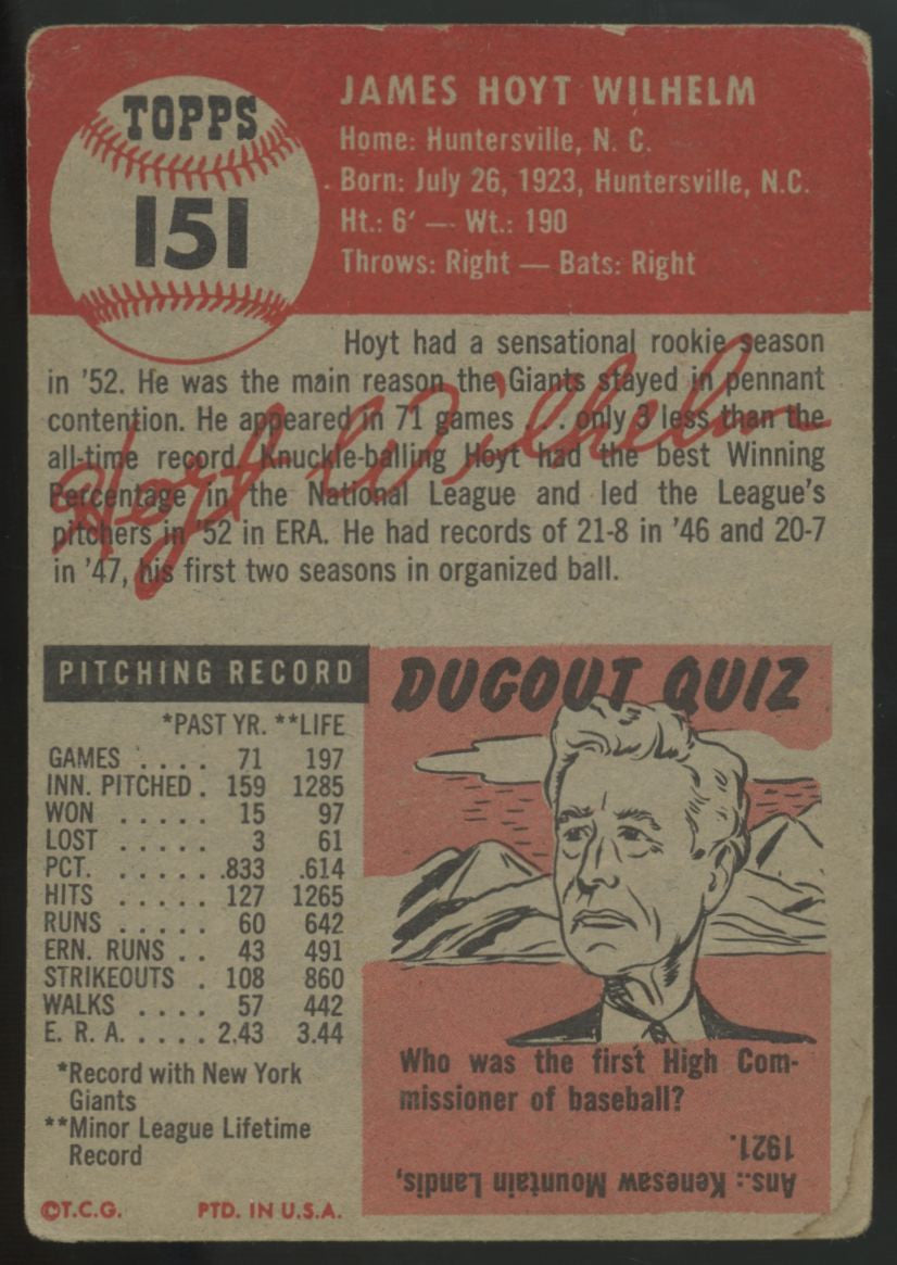 1953 Topps Hoyt Wilhelm #151 Poor