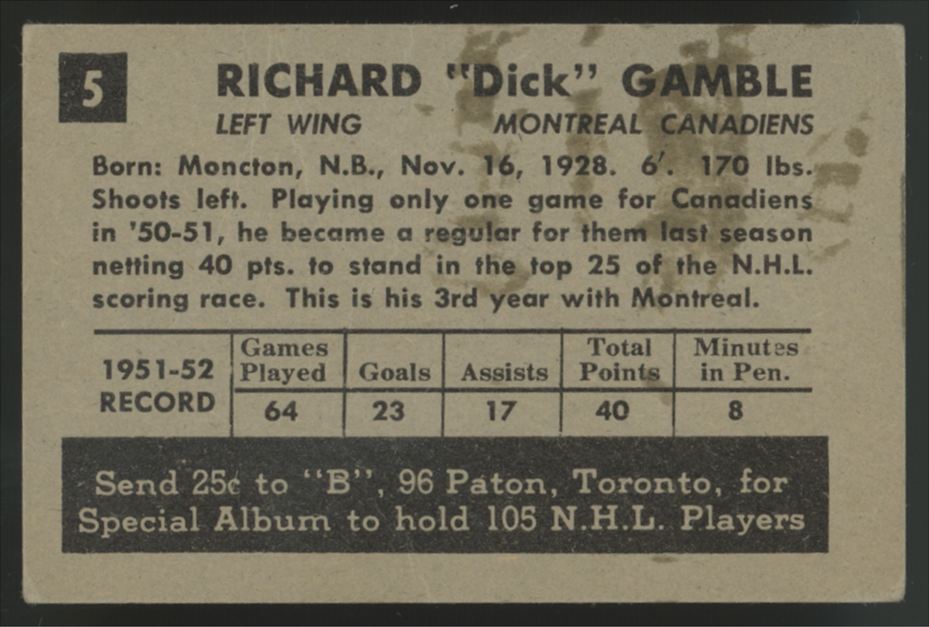 1952-53 Parkhurst Dick Gamble #5 VG