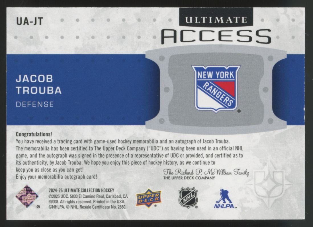 2024-25 Upper Deck Ultimate Jacob Trouba Access Patch Auto /99 #UA-JT