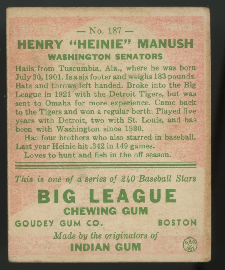 1933 Goudey Henry "Heinie" Manush #187 VG
