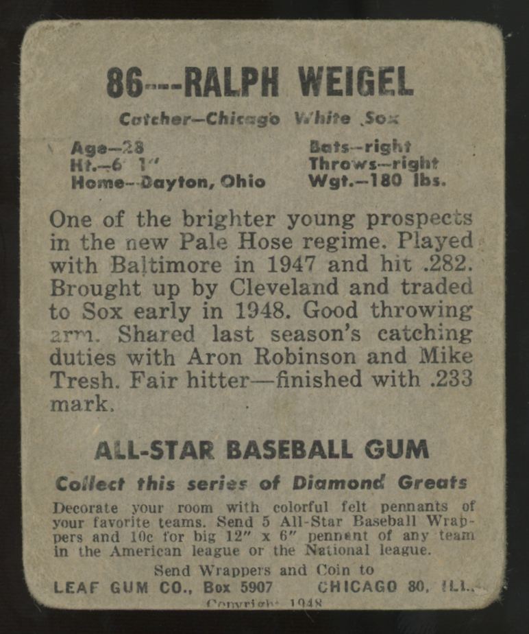 1948 Leaf Gum Ralph Weigel #86 Poor