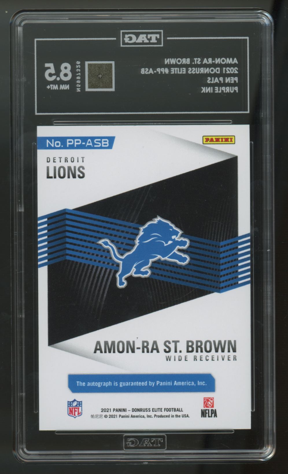 2021 Donruss Elite Amon-Ra St. Brown RC Pen Pals Purple Ink Auto #PP-ASB TAG 8.5