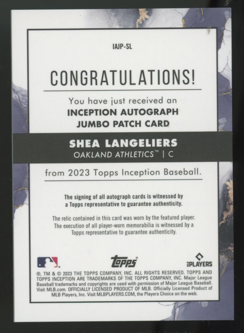 2023 Topps Inception Shea Langeliers RC Jumbo Patch Auto RPA /99 #IAJP-SL