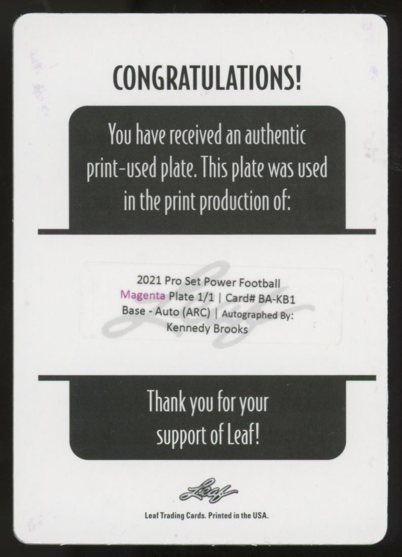 2021 Pro Set Power Kennedy Brooks Magenta Plate Auto 1/1