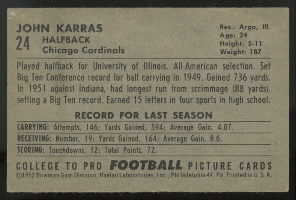 1952 Bowman Small John Karras #24 VG (Wrinkle)