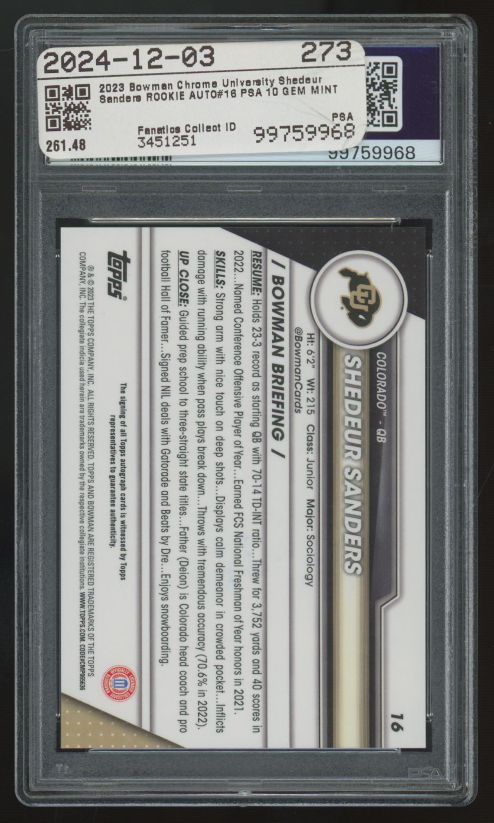 2023 Bowman Chrome University Shedeur Sanders 1st Auto #16 PSA 10