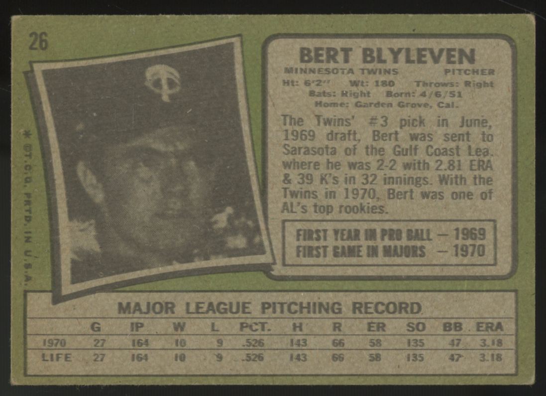 1971 Topps Bert Blyleven RC #26 Good