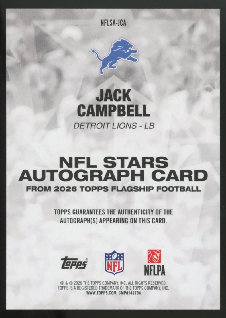 2026 Topps Flagship Jack Campbell NFL Stars Green Auto /99 #NFLSA-JC