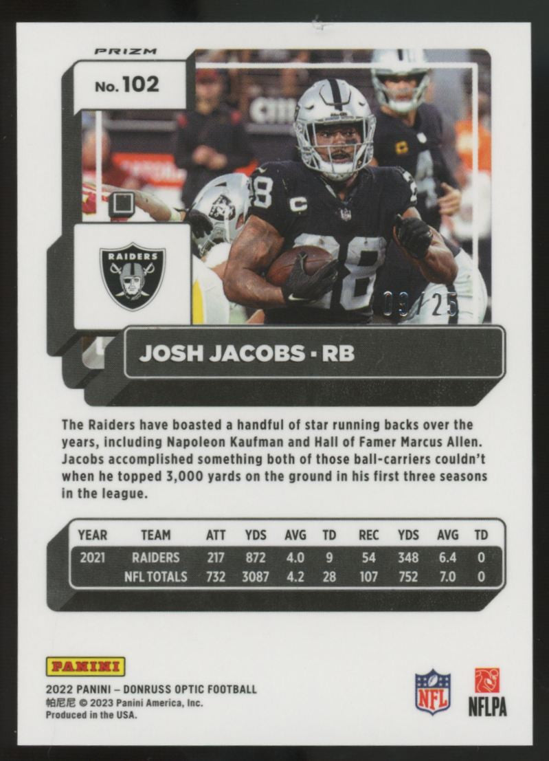 2022 Donruss Optic Josh Jacobs Black Pandora /25 #102