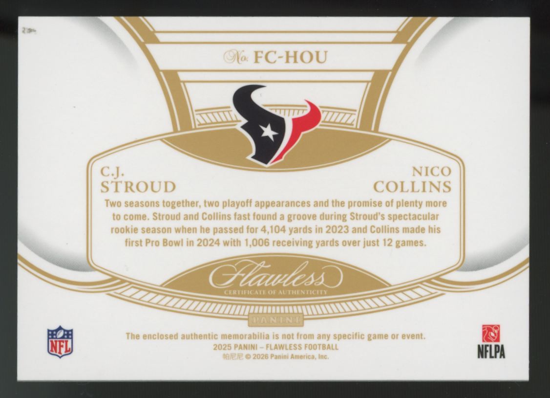 2025 Panini Flawless CJ Stroud/Nico Collins Dual Connections Patch /15 #FC-HOU