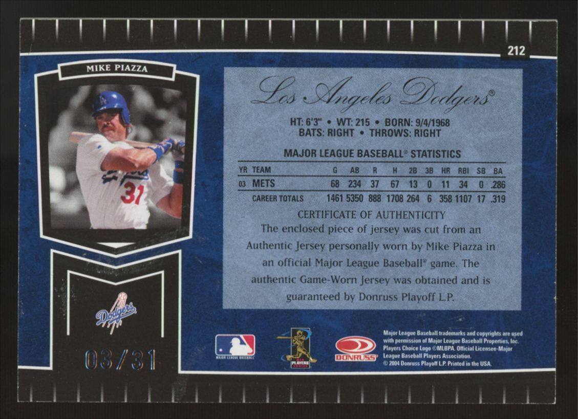 2004 Leaf Certified Cuts Mike Piazza Blue Jersey Number Patch /31 #212