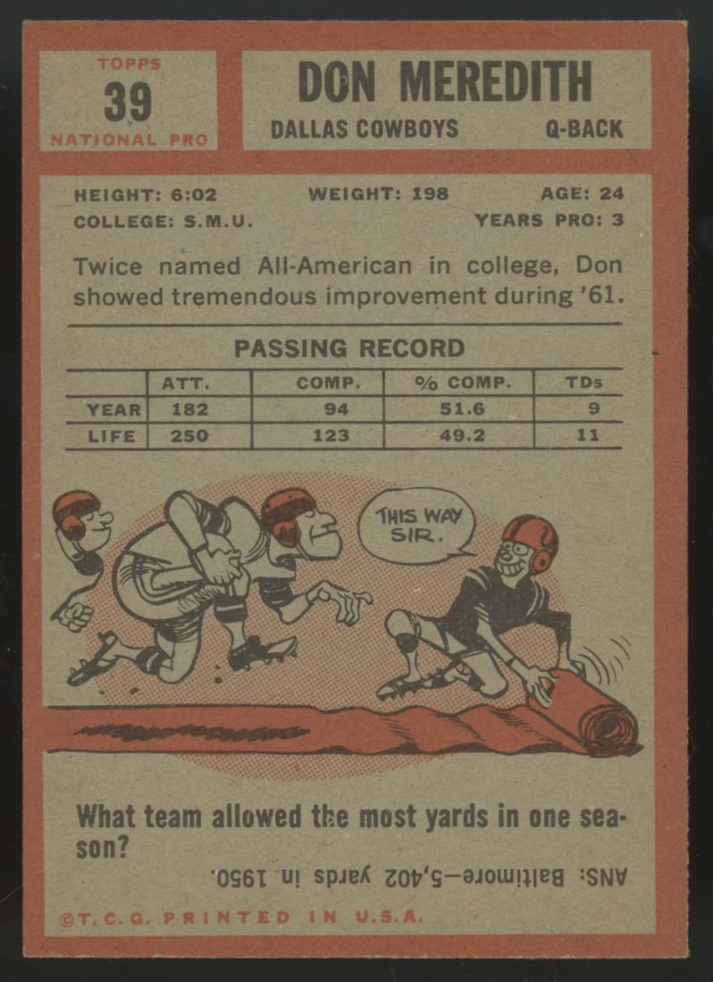 1962 Topps Don Meredith #39 EX
