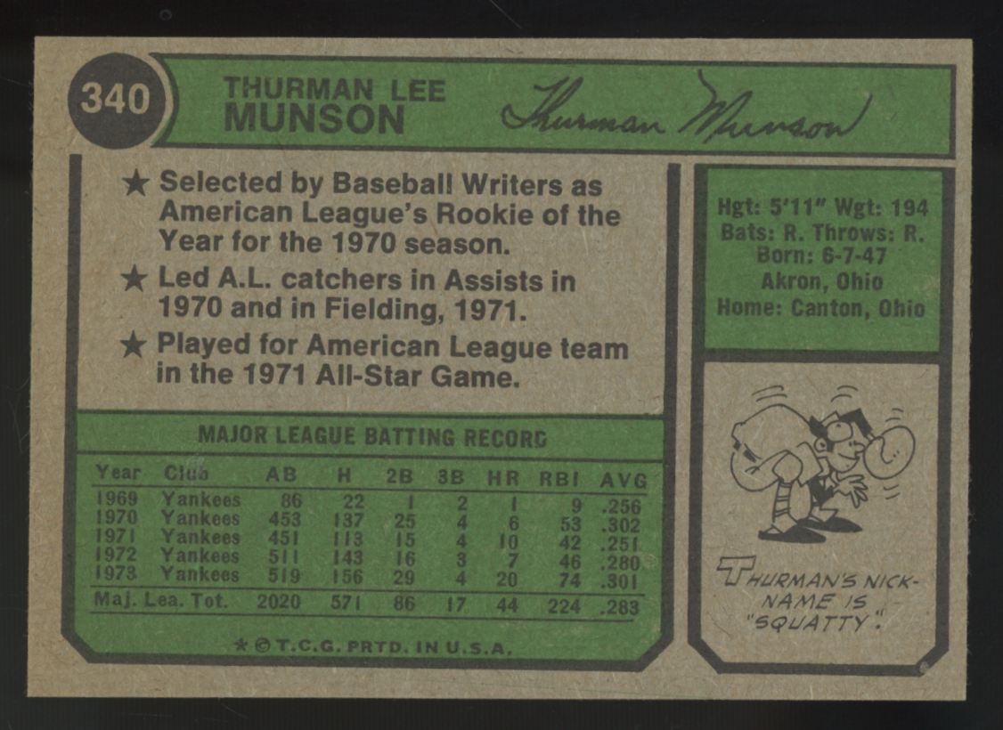 1974 Topps Thurman Munson #340 NM "A"