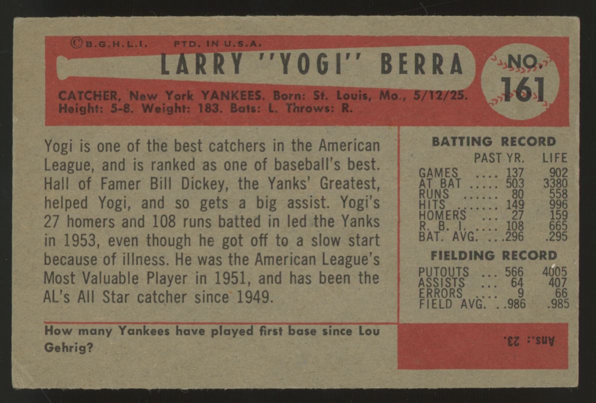 1954 Bowman Yogi Berra #161 VG