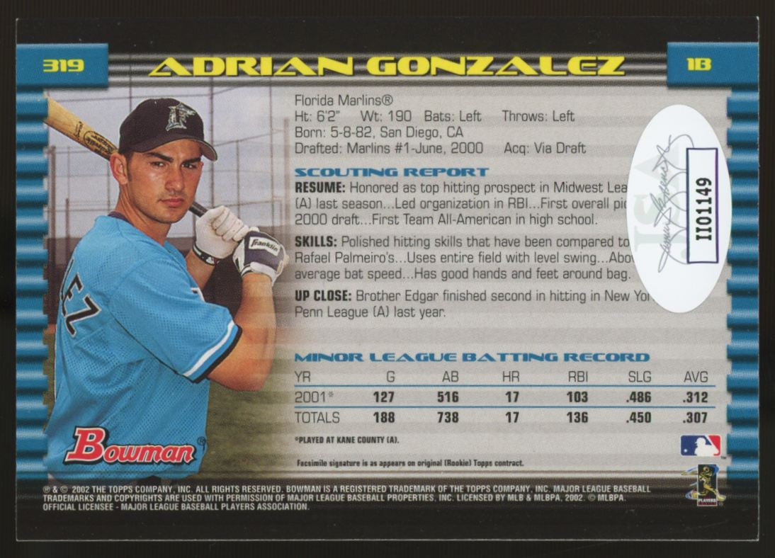 2002 Bowman Adrian Gonzalez #319 Signed Autographed Card JSA