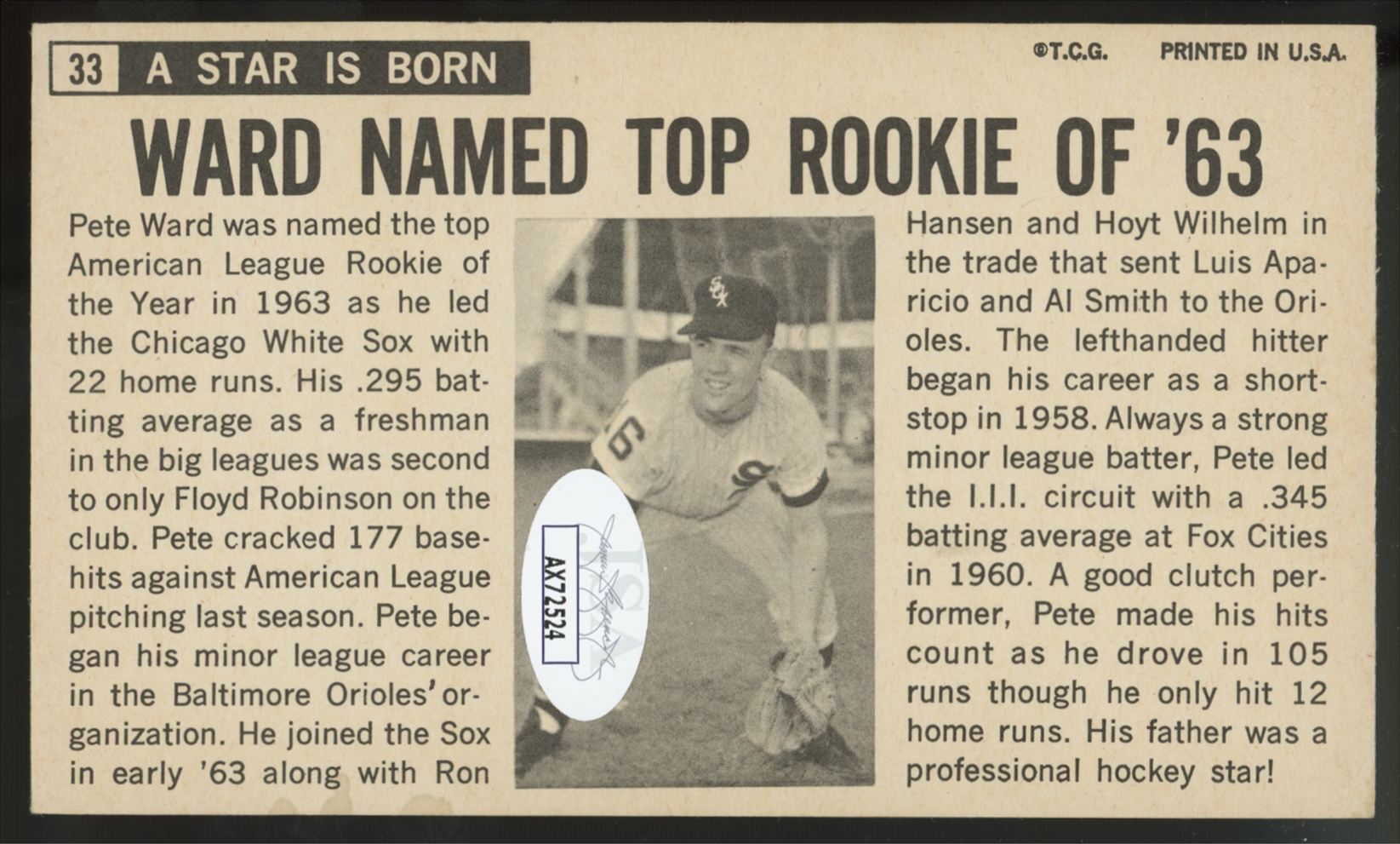 1964 Topps Giants Pete Ward Signed Autographed #33 JSA Authentic
