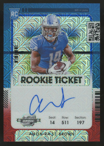 2021 Contenders Optic Amon-Ra St. Brown RC Ticket RPS Red, White, Blue Auto /13