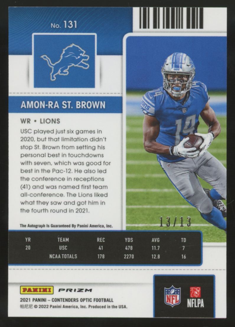 2021 Contenders Optic Amon-Ra St. Brown RC Ticket RPS Red, White, Blue Auto /13