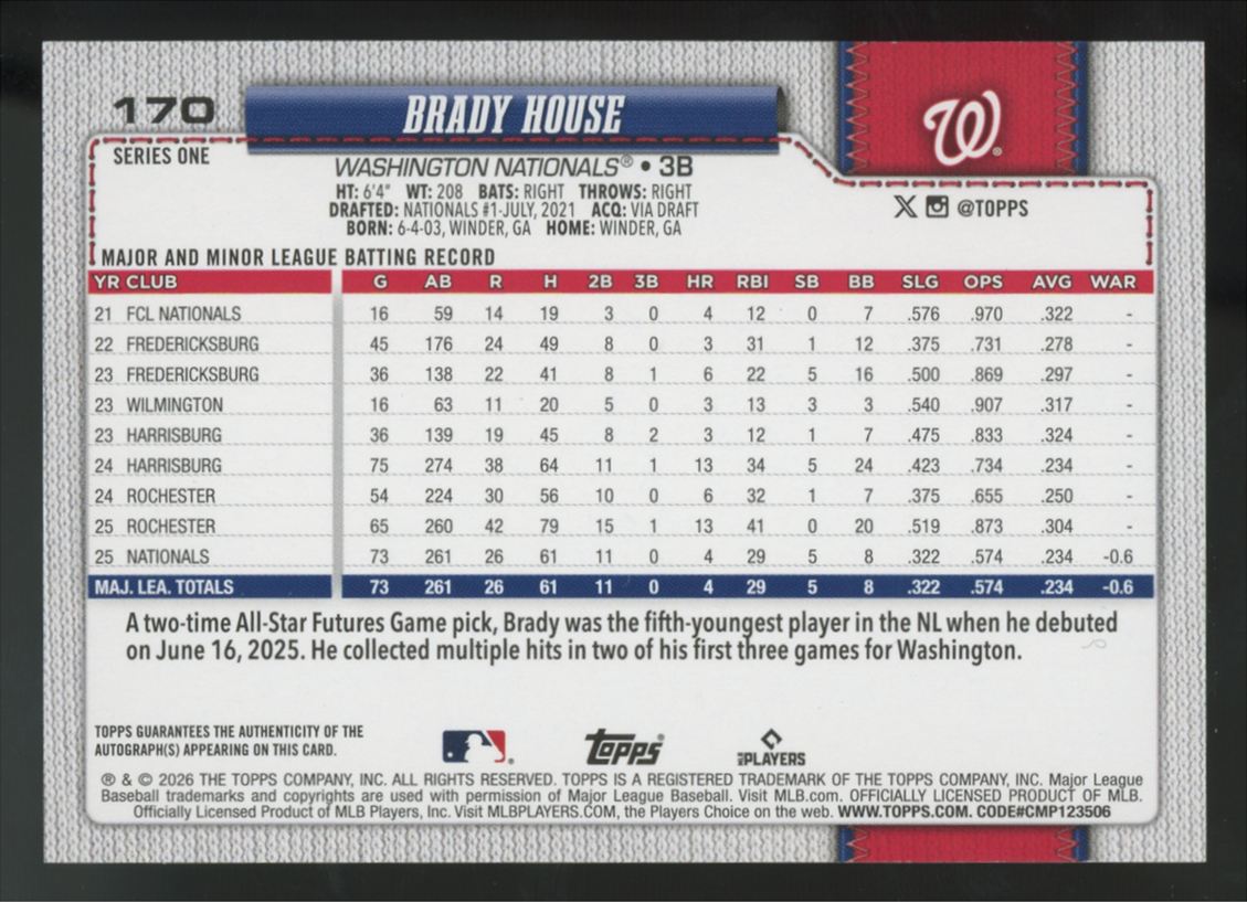 2026 Topps Series One Brady House RC Auto #170
