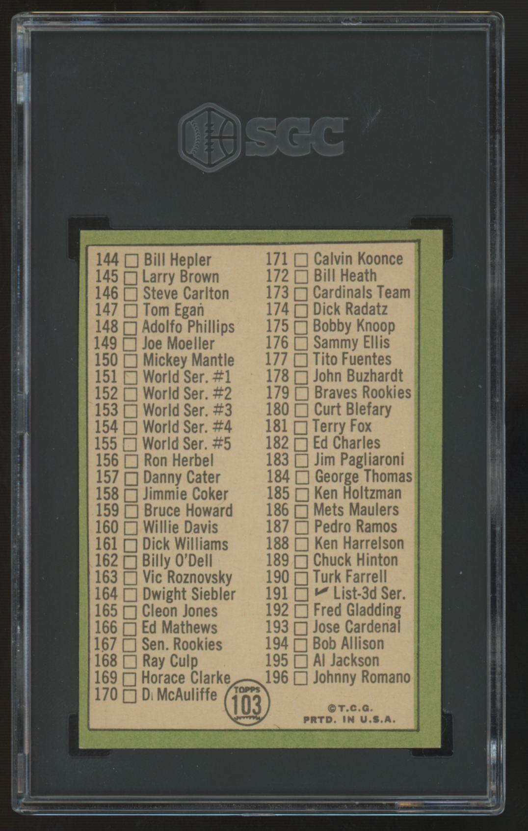 1967  Topps Mickey Mantle Checklist #103 SGC 6 *457