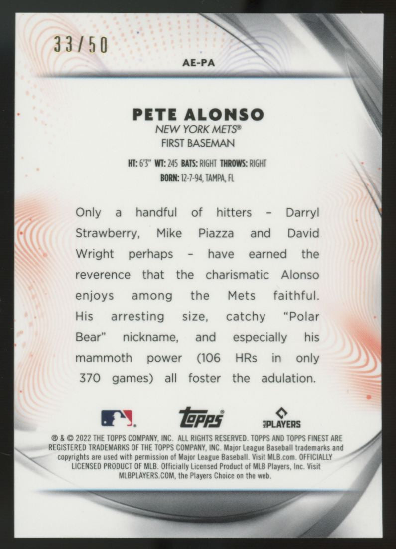 2022 Topps Finest Pete Alonso Gold Aura Of Excellence /50 #AE-PA