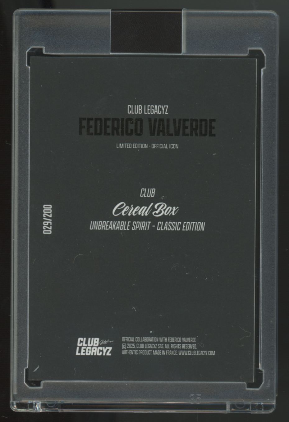 2025 Club Legacyz Federico Valverde Cereal Box Unbreakable Spirit Classic /200