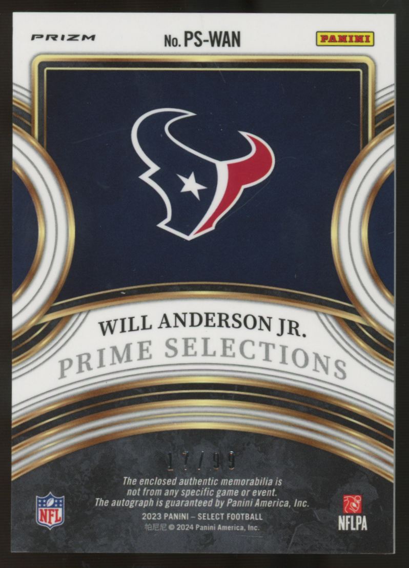 2023 Select Will Anderson Jr. RC Prime Selections Patch Auto RPA /99 #PS-WAN