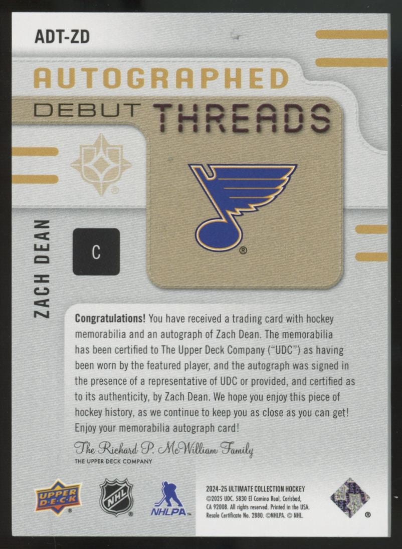 2024-25 Upper Deck Ultimate Zach Dean RC Debut Patch Auto RPA /199 #ADT-ZD