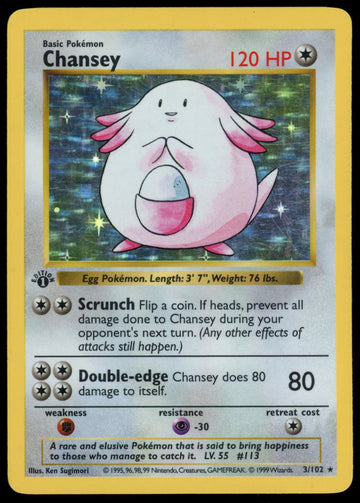 1999 Pokemon Shadowless Chansey Base Set 1st Edition Holofoil 3/102 MP
