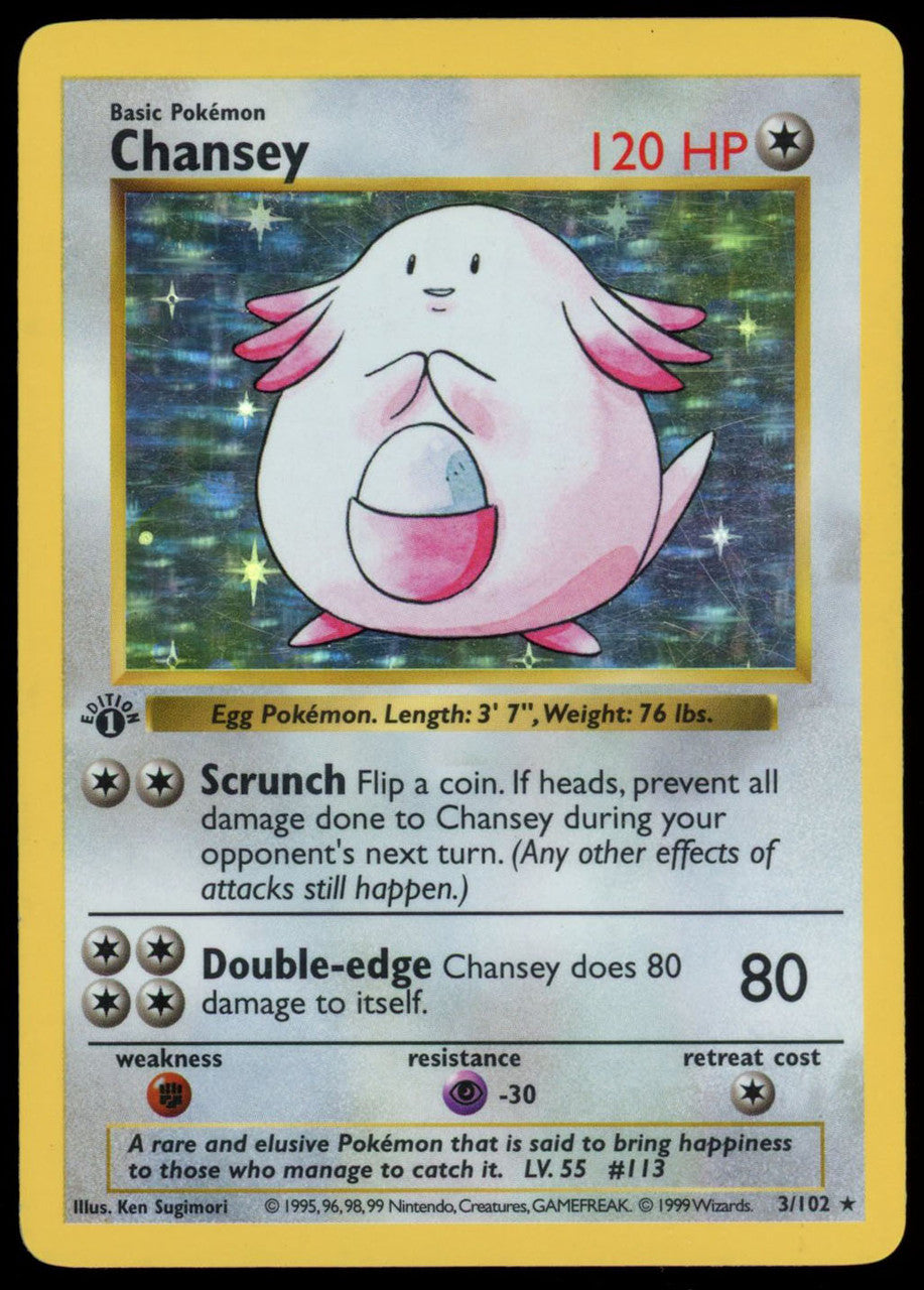 1999 Pokemon Shadowless Chansey Base Set 1st Edition Holofoil 3/102 MP