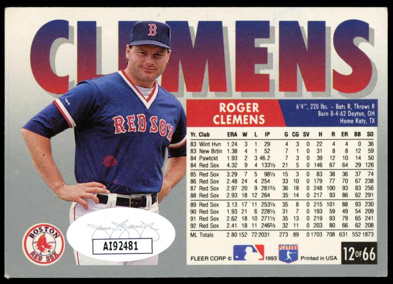 1993 Fleer Roger Clemens Signed Autographed Card #12 JSA