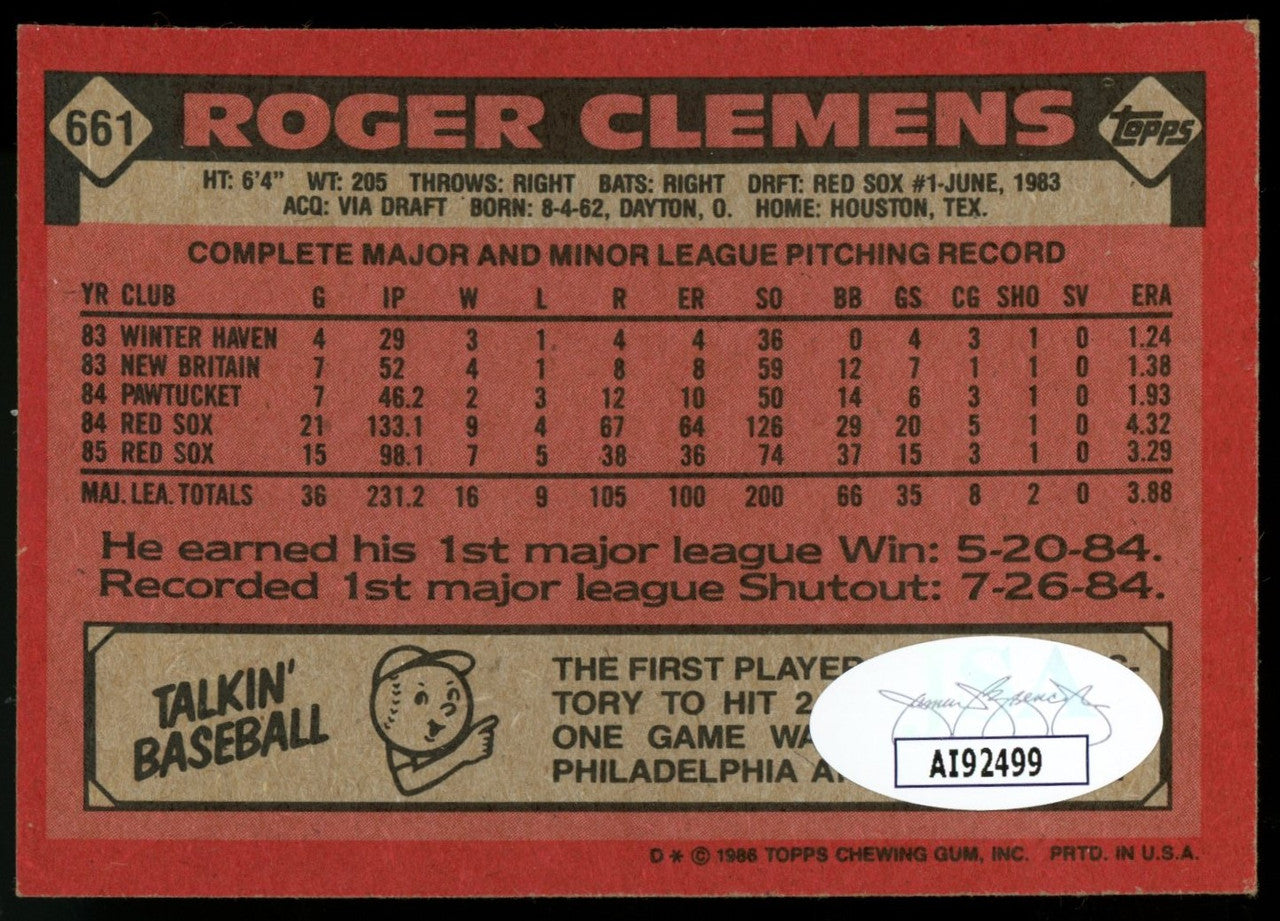 1986 Topps Roger Clemens Signed Autographed Card #661 JSA