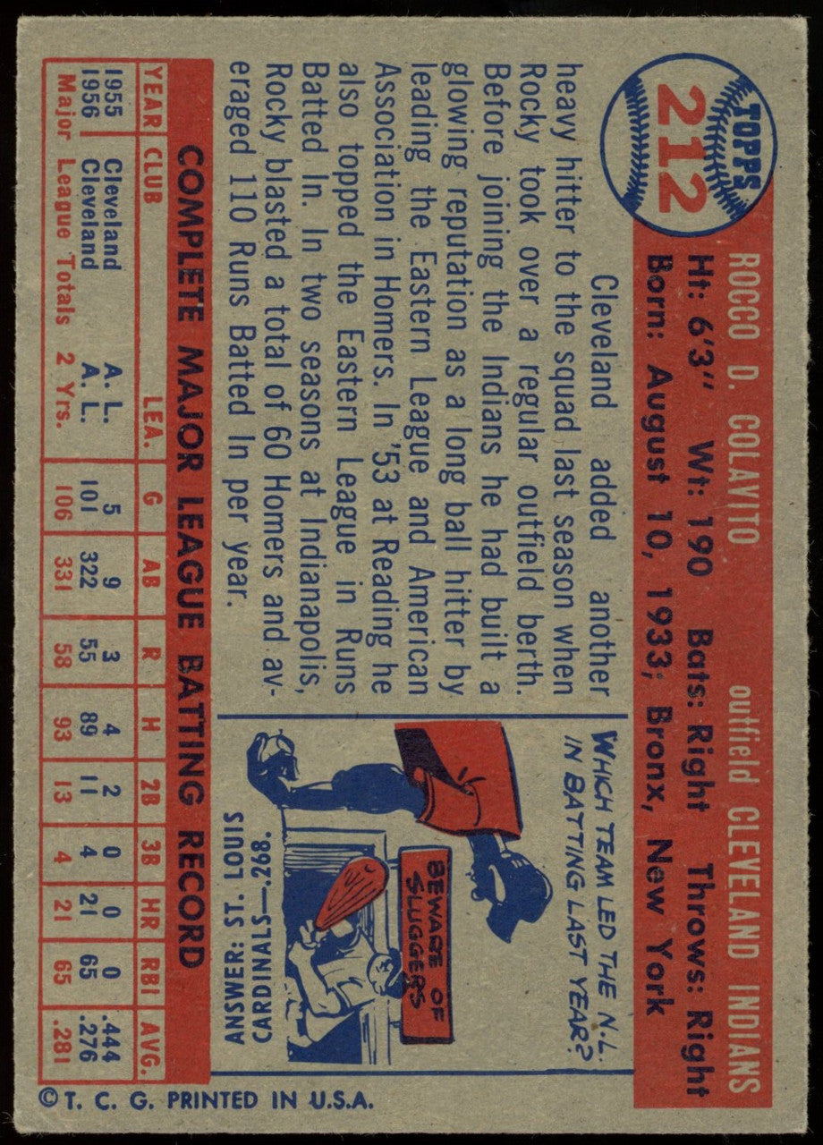 1957 Topps Rocky Rocco Colavito RC #212 EX/MT