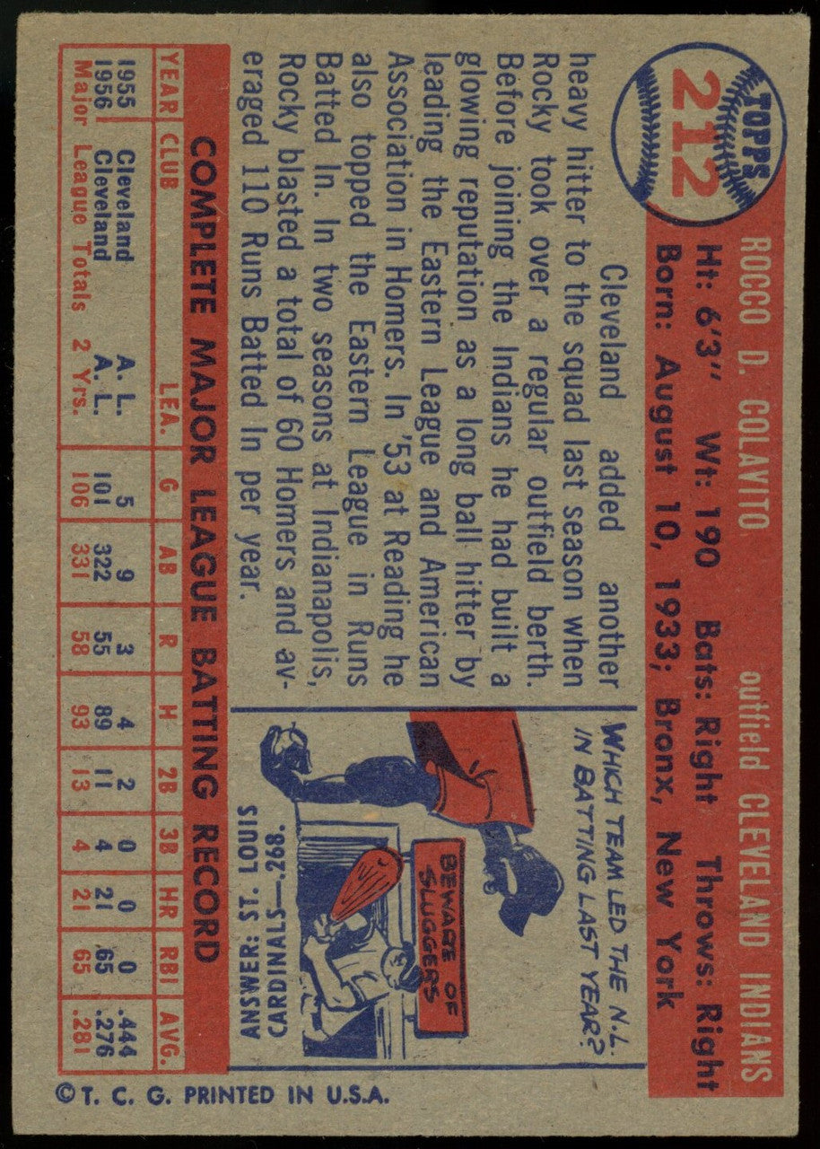 1957 Topps Rocky Rocco Colavito RC #212 EX