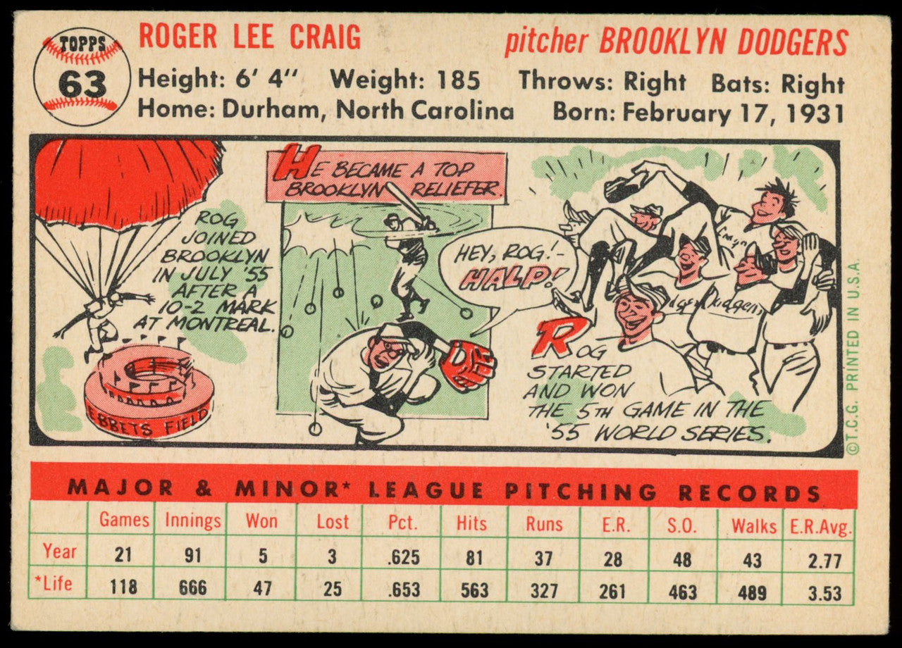 1956 Topps Roger Craig White Back VG-EX #63