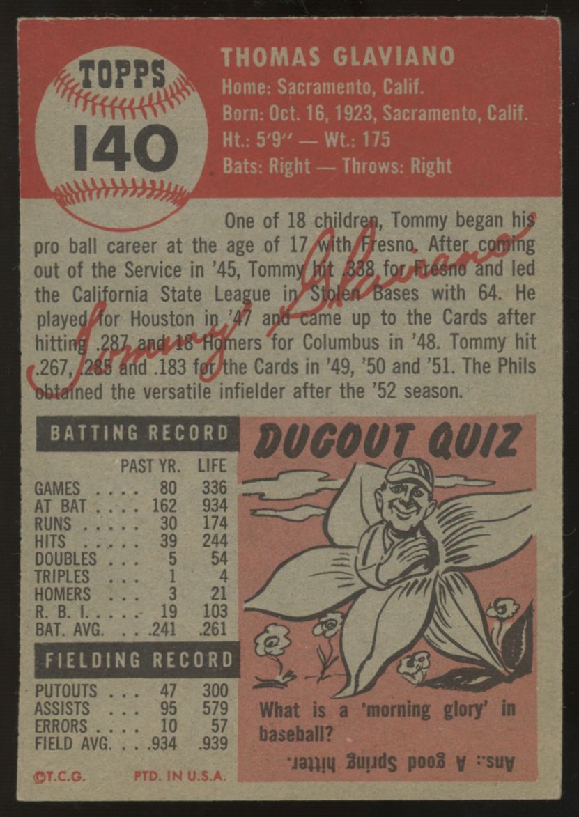 1953 Topps Tommy Glaviano #140 EX/MT