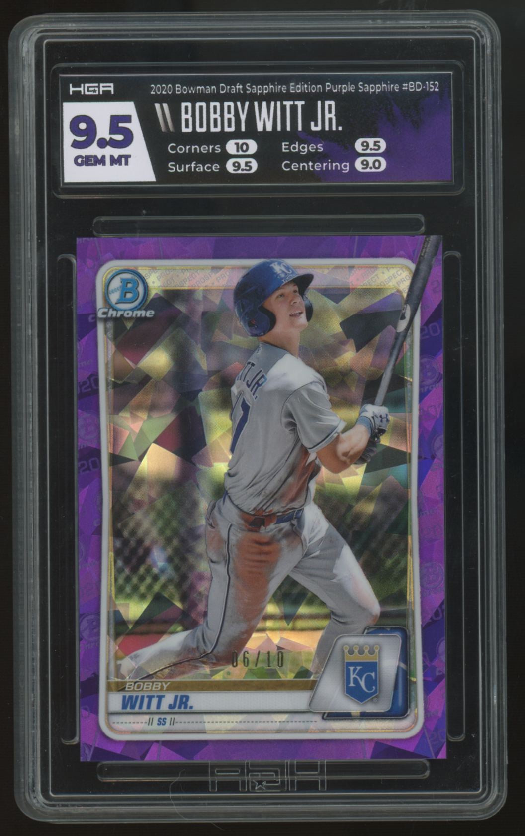 2020 Bowman Chrome Draft Sapphire Bobby Witt Jr. Purple /10 #BD-152 HGA 9.5