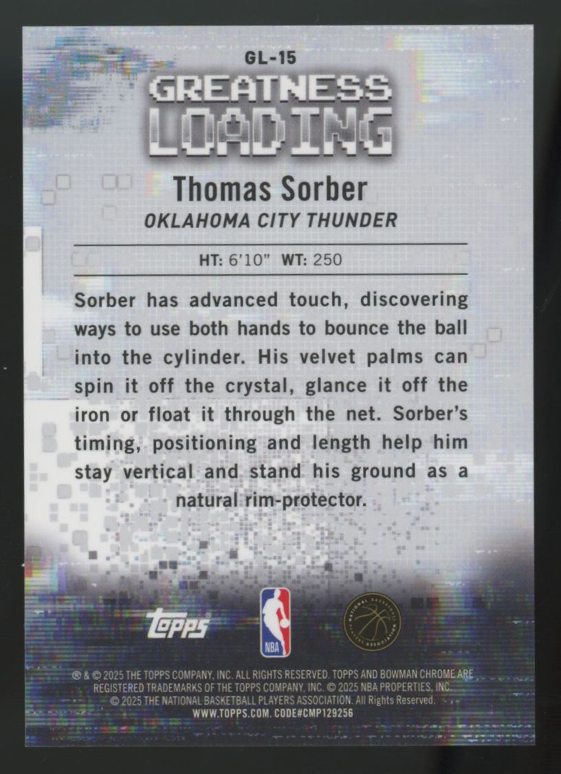 2025-26 Bowman Chrome Thomas Sorber RC Gold Greatness Loading /50 #GL-15