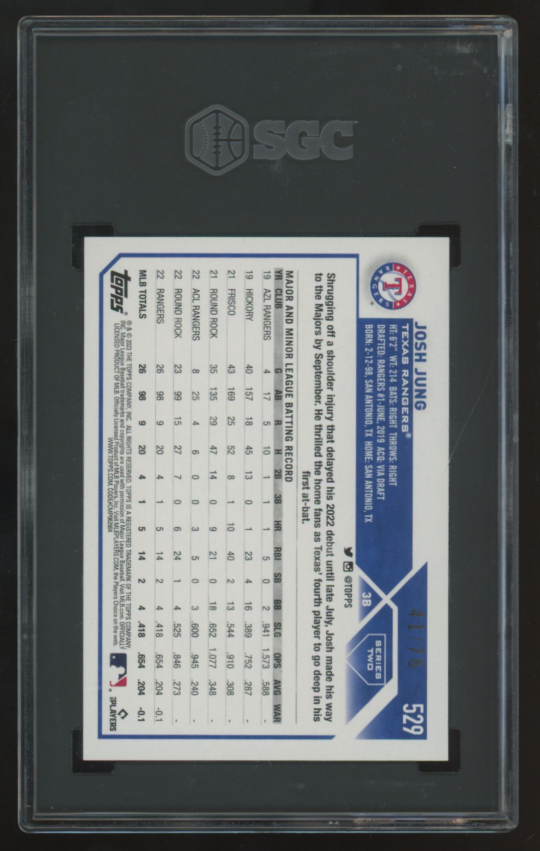2023 Topps Series Two Josh Jung RC Independence Day /76 #529 SGC 10