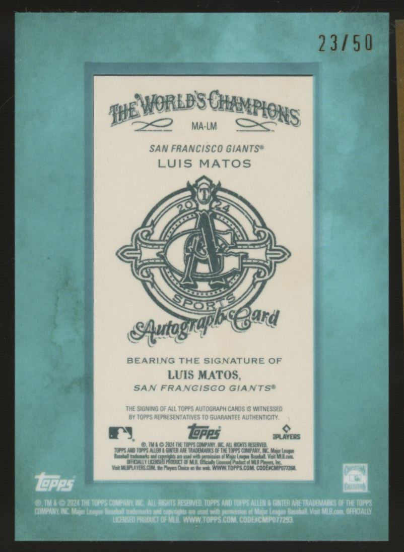 2024 Topps Allen & Ginter Luis Matos RC Mini-Framed Auto Teal /50 #MA-LM