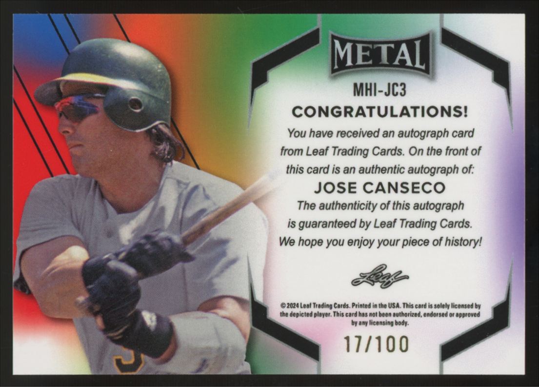 2024 Leaf Metal Jose Canseco Heroes Inscriptions Auto Blue /100 #MHI-JC3