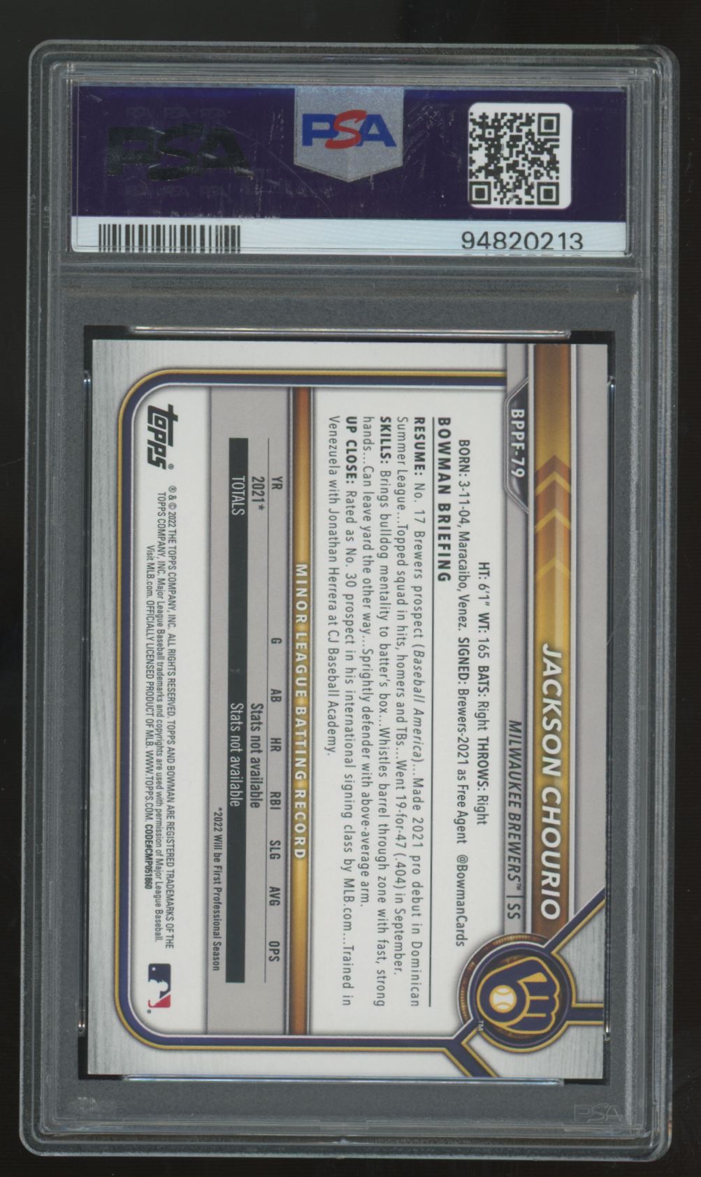 2022 Bowman 1st Edition Jackson Chourio 1st Yellow Foil /75 #BPPF-79 PSA 10