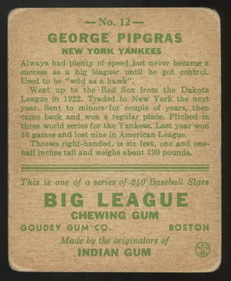 1933 Goudey George Pipgras #12 Poor